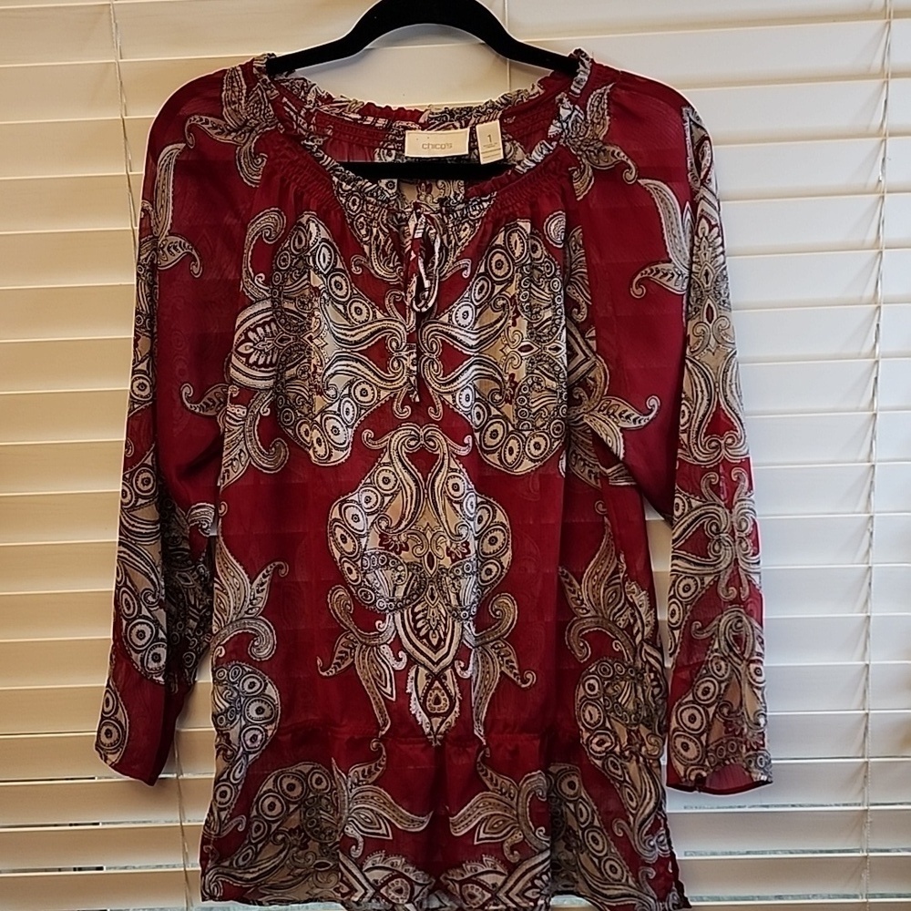 Chico’s Red Shear Tunic Blouse cinched @Waist sz 1